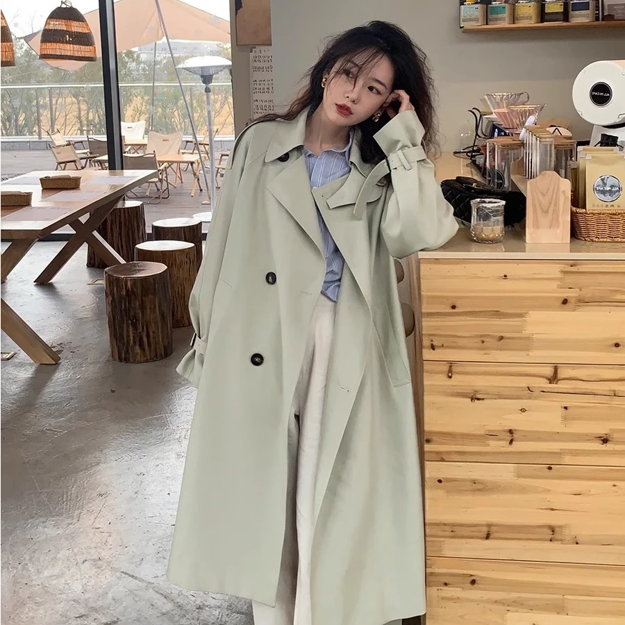 豆绿色风衣女中长款小个子2024年春秋季新款英伦风中长款韩版外套
