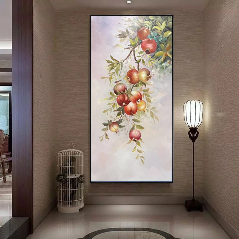 【石榴花红】手绘油画新中式客厅沙发背景墙画竖版装饰玄关画家居