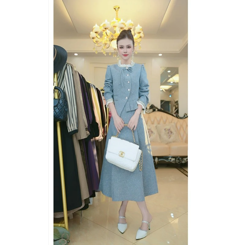 T015春季长袖连衣裙减龄遮肉显瘦气质两件套灰蓝色
