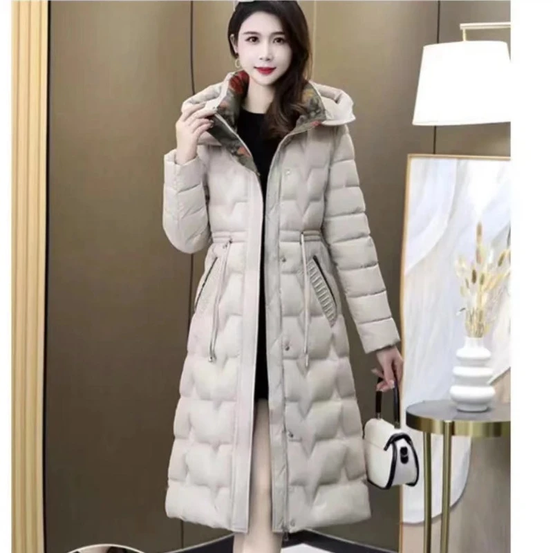 新款女装过膝时尚棉服修身加厚保暖冬季棉衣气质显瘦拼色连帽棉袄