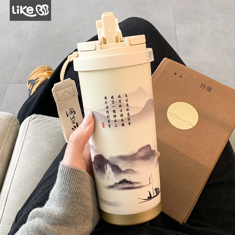 吸管保温杯女2025新款高颜值泡茶水杯便携茶水分离杯子男生高级感