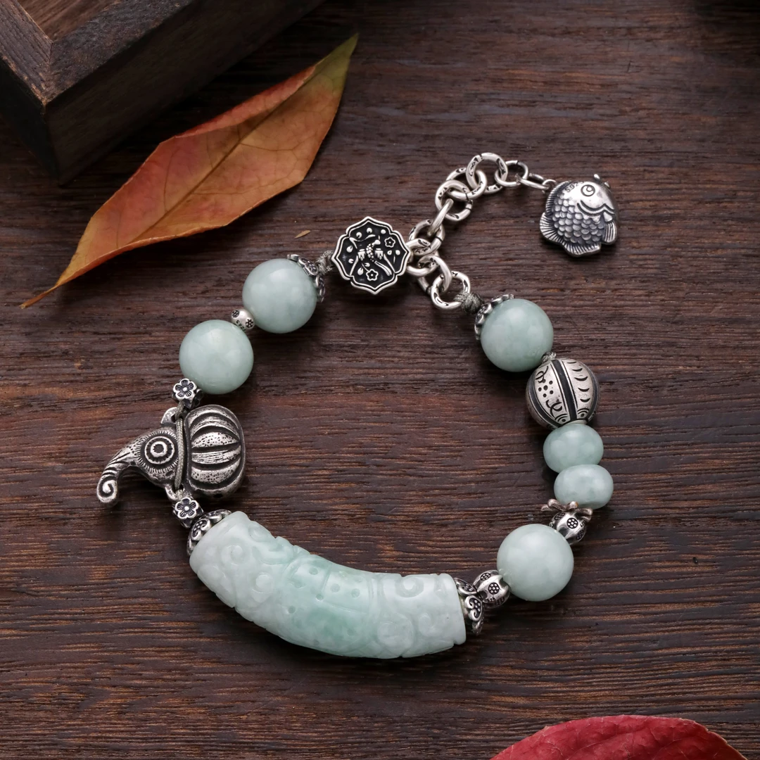 925银手链 S08981 小可爱浮雕花朵祥云锦鲤圆珠葫芦瓜珠半镯手链