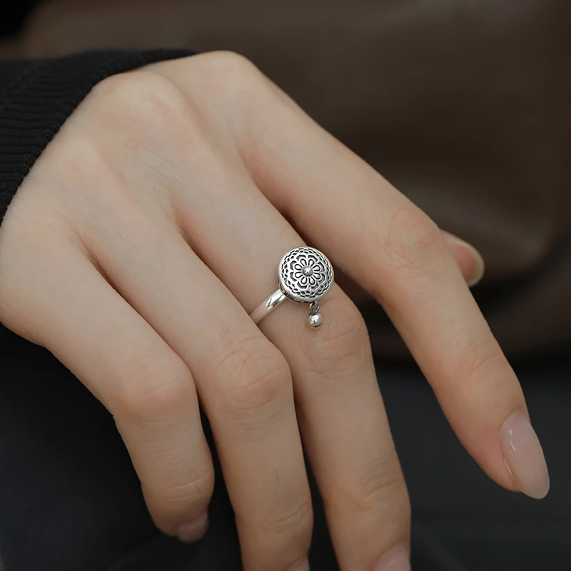 银春春 925银戒指 平安扣旋转开口六字真言复古个性女指环高级感