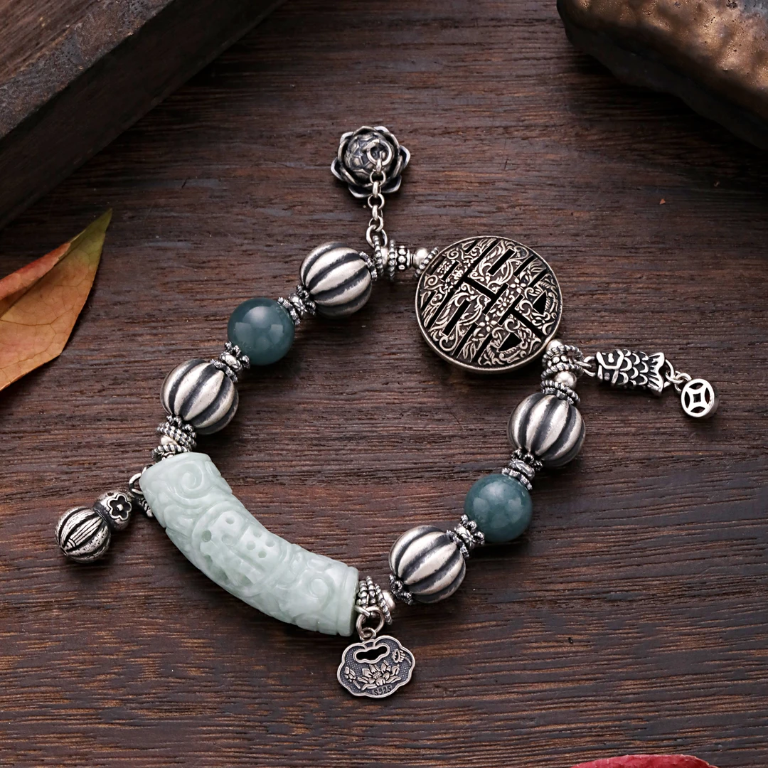 925银手链 S08966 雕刻花朵弯管喜字圆牌瓜珠手链