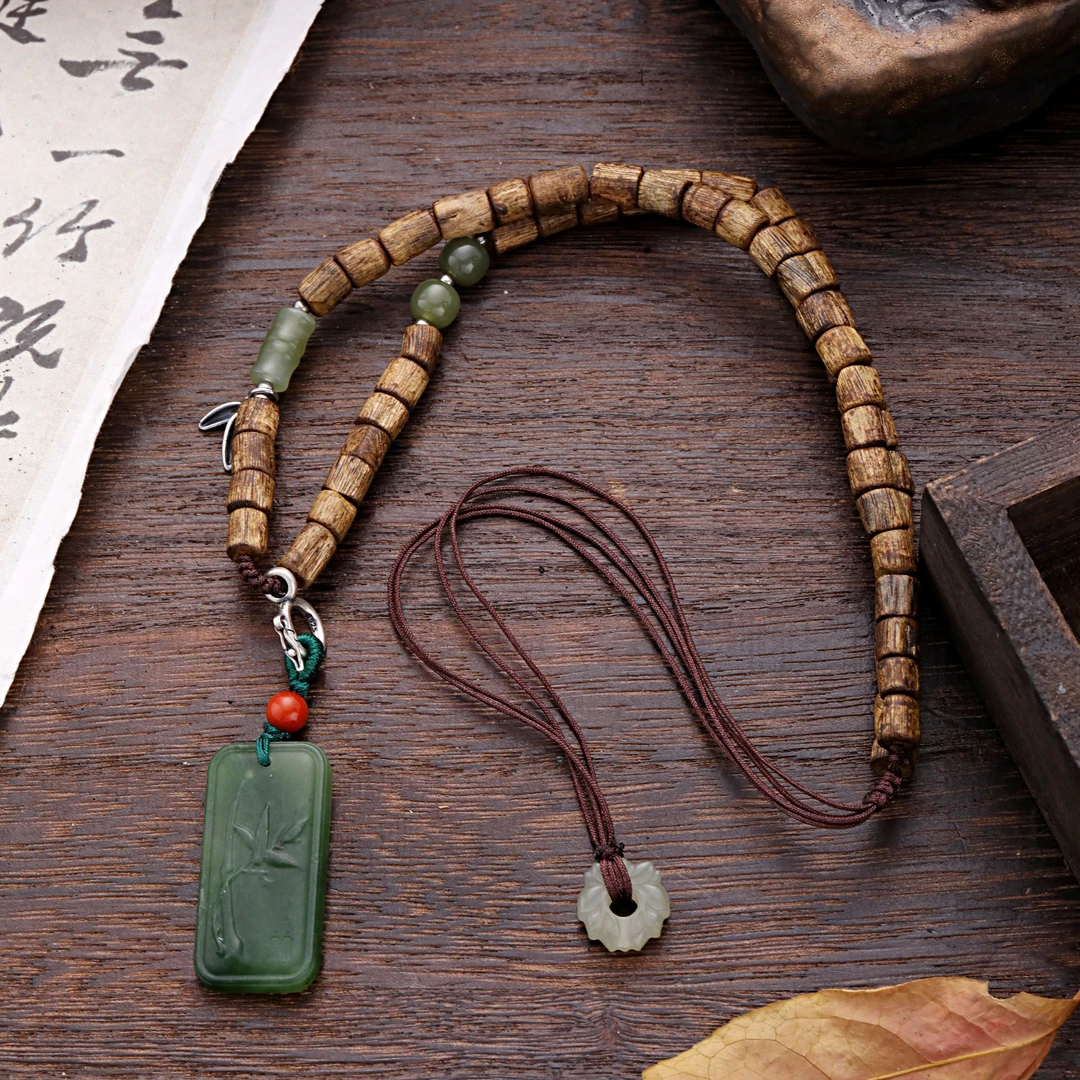 链子925银木质 N16981 绿色竹叶方牌串珠项链