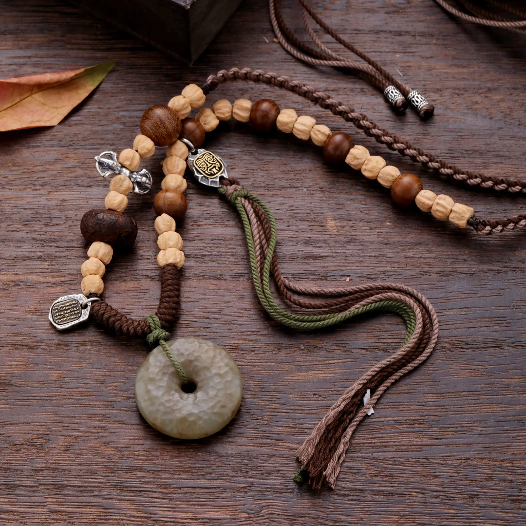 链子925银木质 N17049 糖料肌理圆形平安扣五条扎基拉姆项链