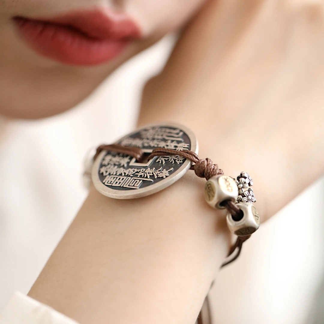 足银手链 太朴 S07757 山鬼花钱圆牌编织手绳手链