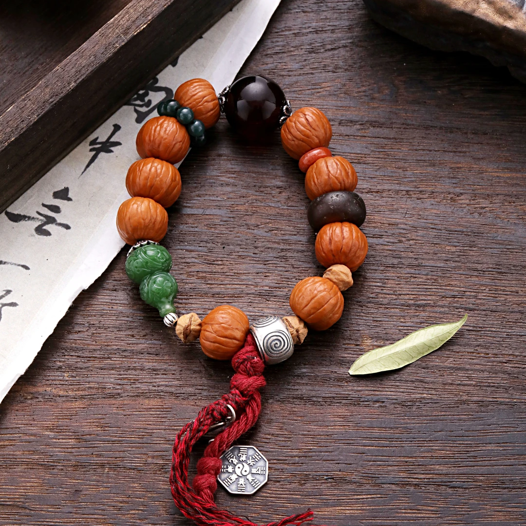 925银木质手链 S08903 绿色雕花葫芦绣花鞋串珠手链