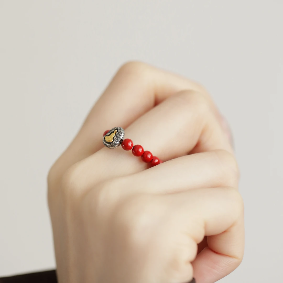 925银戒指 J11414 肌理佛像红色朱朱弹力戒指