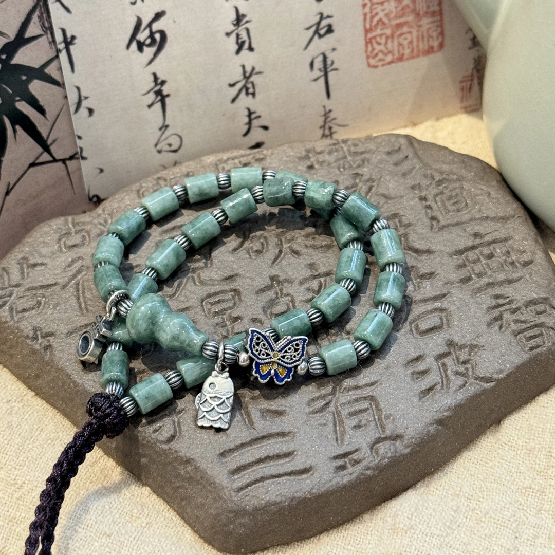 链子925银 N17199 蓝色镂空蝴蝶锦鲤绿色葫芦抽拉项链