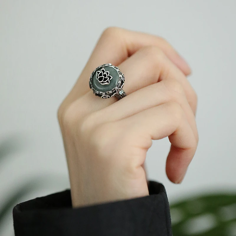 925银戒指 J12464  <般若静好>莲花绿色平安扣铜钱镂空戒指多样性