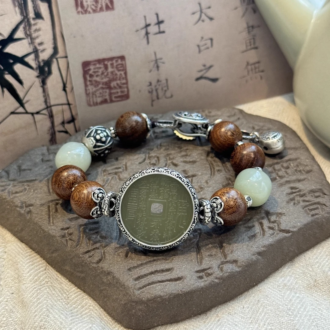 足银木质手链 S09185 绿色山鬼花钱平安扣串珠手链