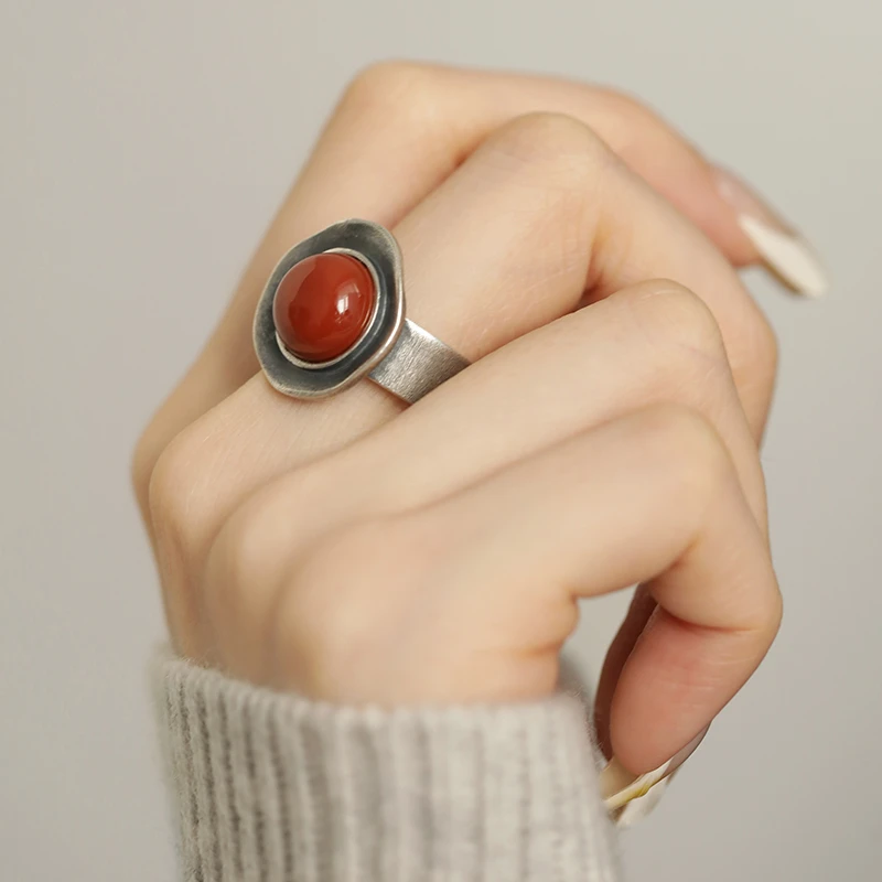 银春春 925银戒指 红颜>红色圆形戒指复古做旧个性古风手工银饰品