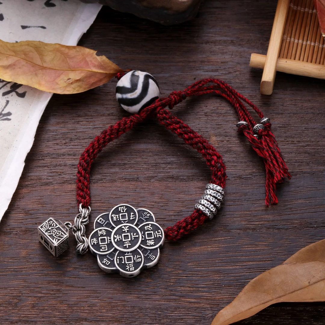 足银手链 S08793 牙牙珠铜钱花朵印章红色编绳手链