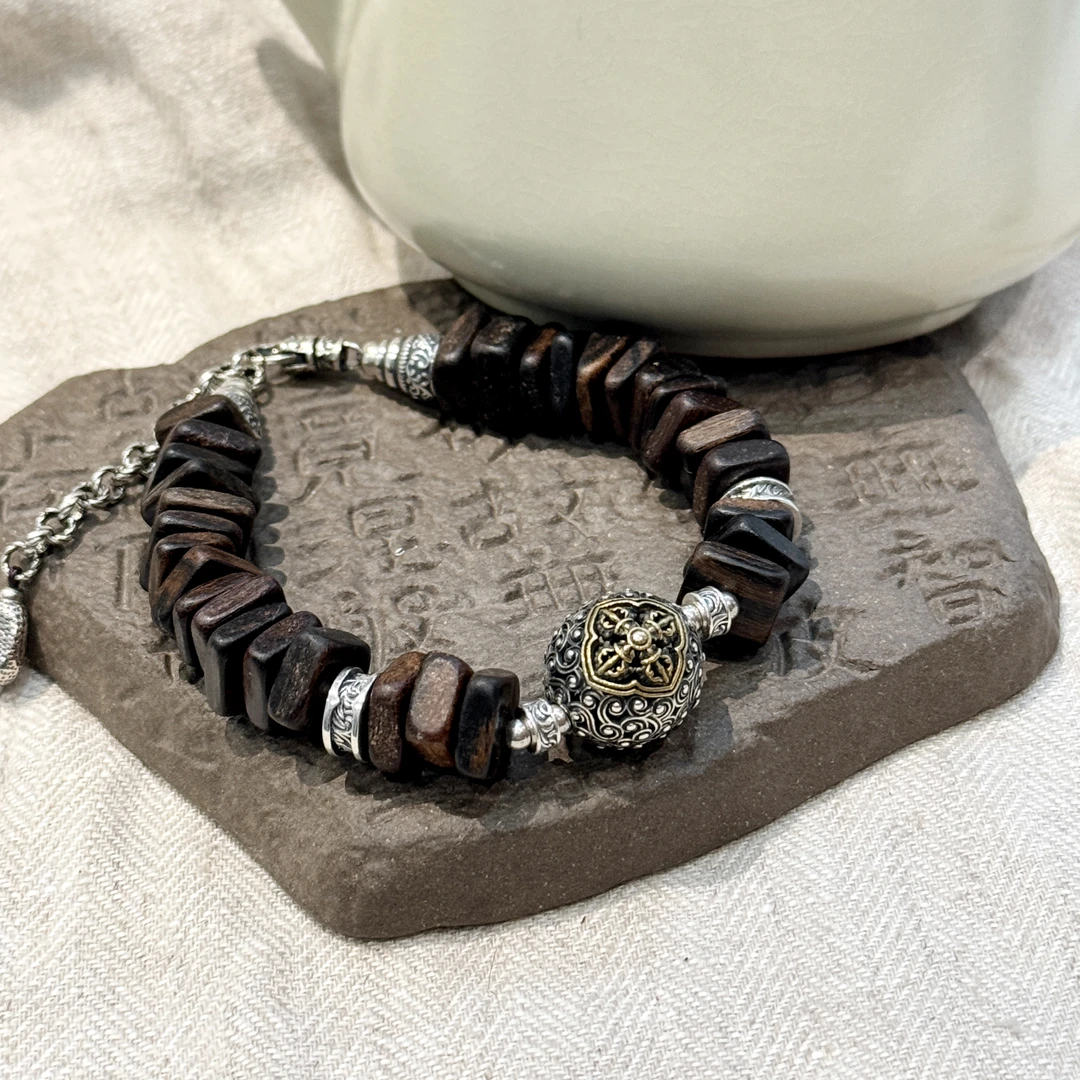 足银木质手链 S09273 十字祥云杵镂空祥云球方块手链