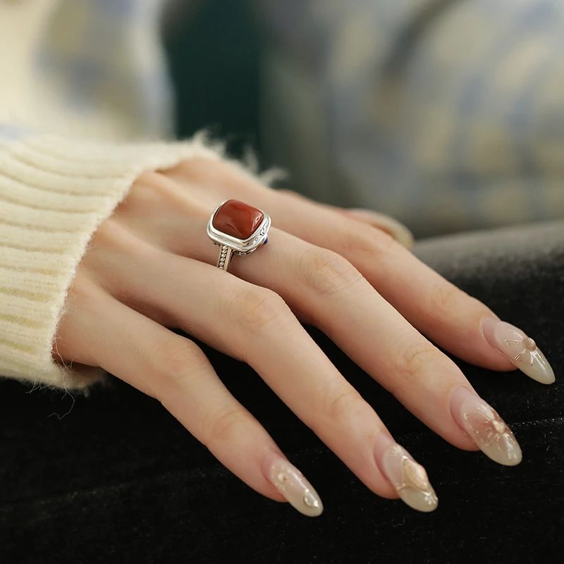 银春春 925银戒指 青红>红色方形戒指卷草纹复古高级感古风女士银