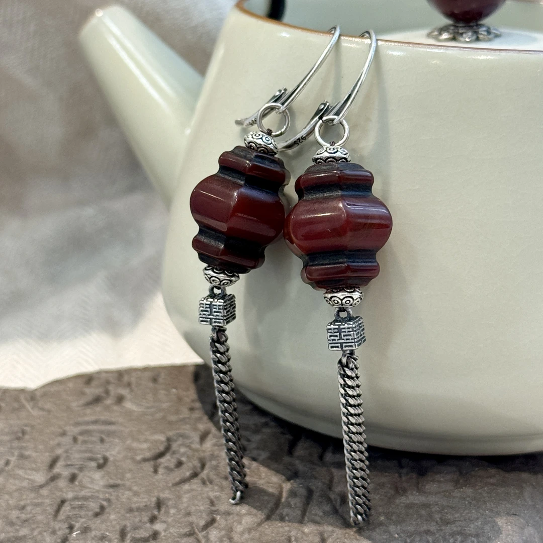 925银耳饰 E25403 喜字流苏红色灯笼耳环