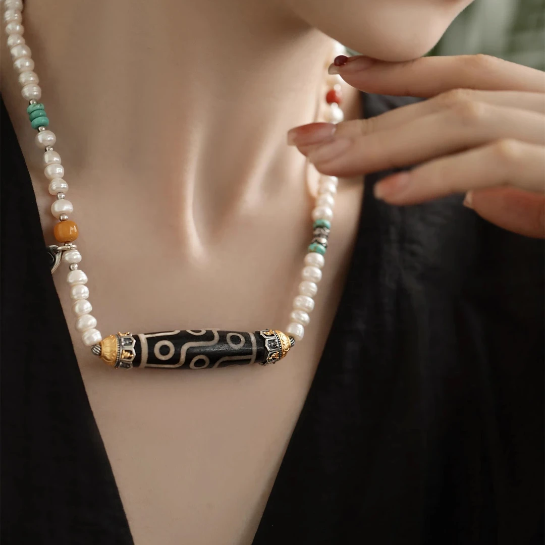 链子925银 N16225 优雅气质莲花桶珠白色串珠项链女民族风