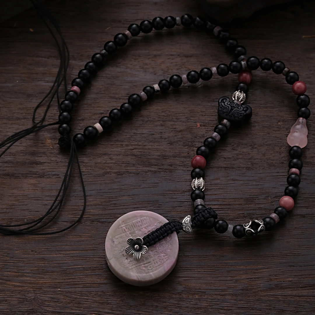 吊坠足银 N17048 粉色山鬼花钱平安扣葫芦花朵黑色串珠项链