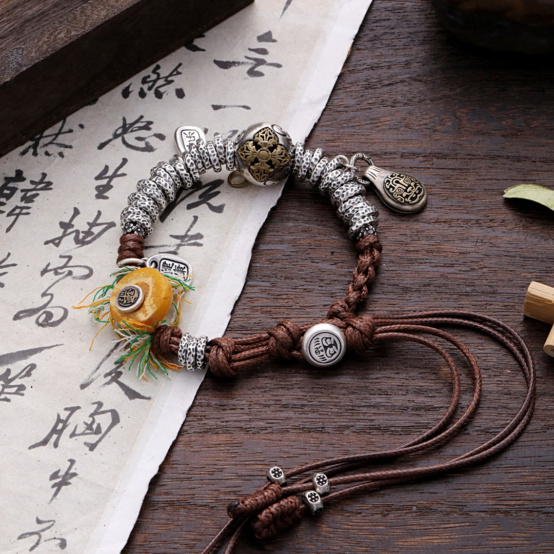 925银手链 S08574 <盘缠>门环米米兽肌理圈圈编绳手链