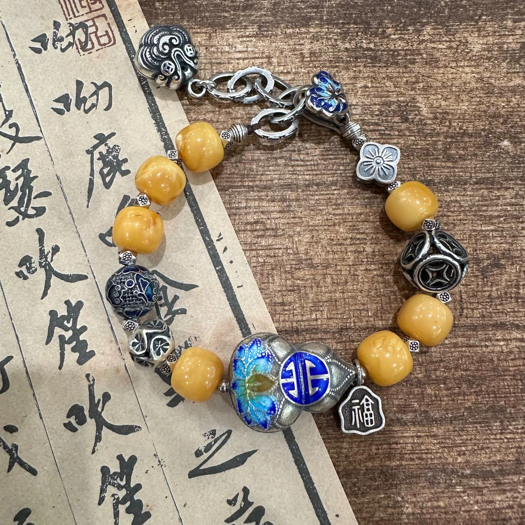 足银手链 S09303 彩色葫芦祥云珠黄色串珠手链