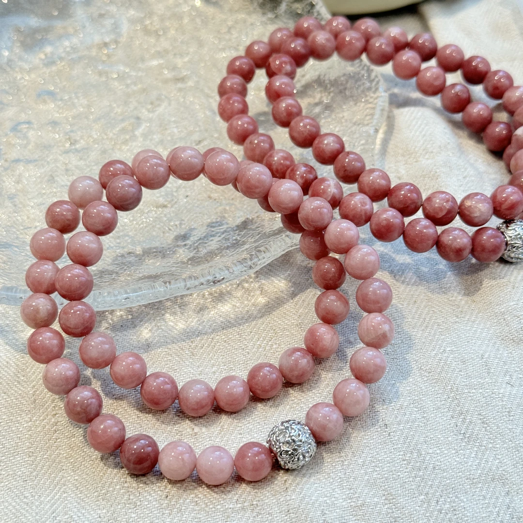 链子925银 N17368 唐草圆珠扣粉色珠珠串珠项链