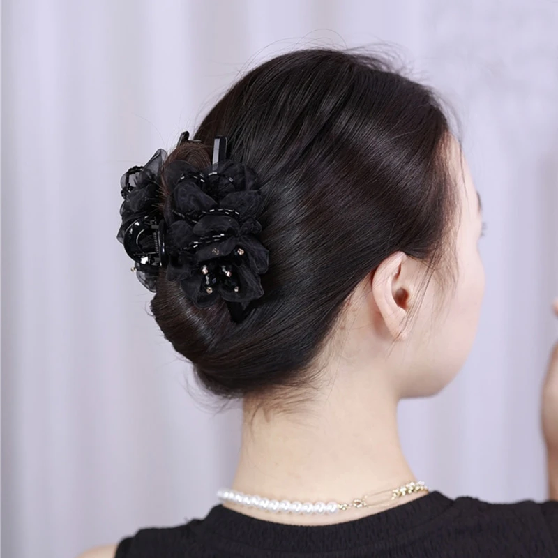 气质绢纱花朵抓夹女高级感后脑勺盘发鲨鱼夹2024年新款发夹显发量