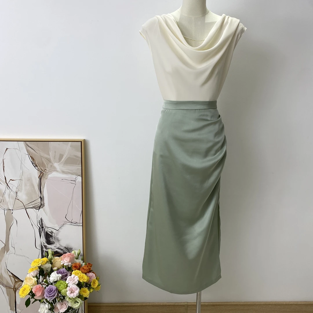 【优雅缎面半裙】高级质感缎面皱褶包臀裙 开衩显身材 法式气质