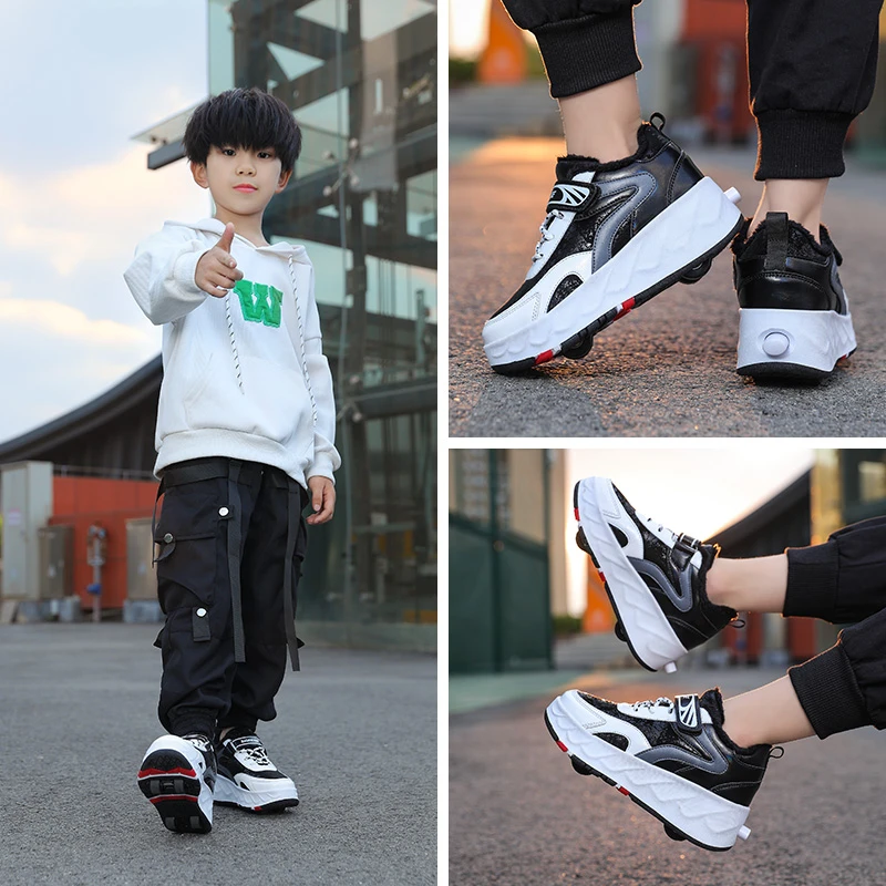 滑轮暴走鞋溜冰鞋四轮变形鞋儿童成人轮滑鞋网红双排轮加绒轮子鞋