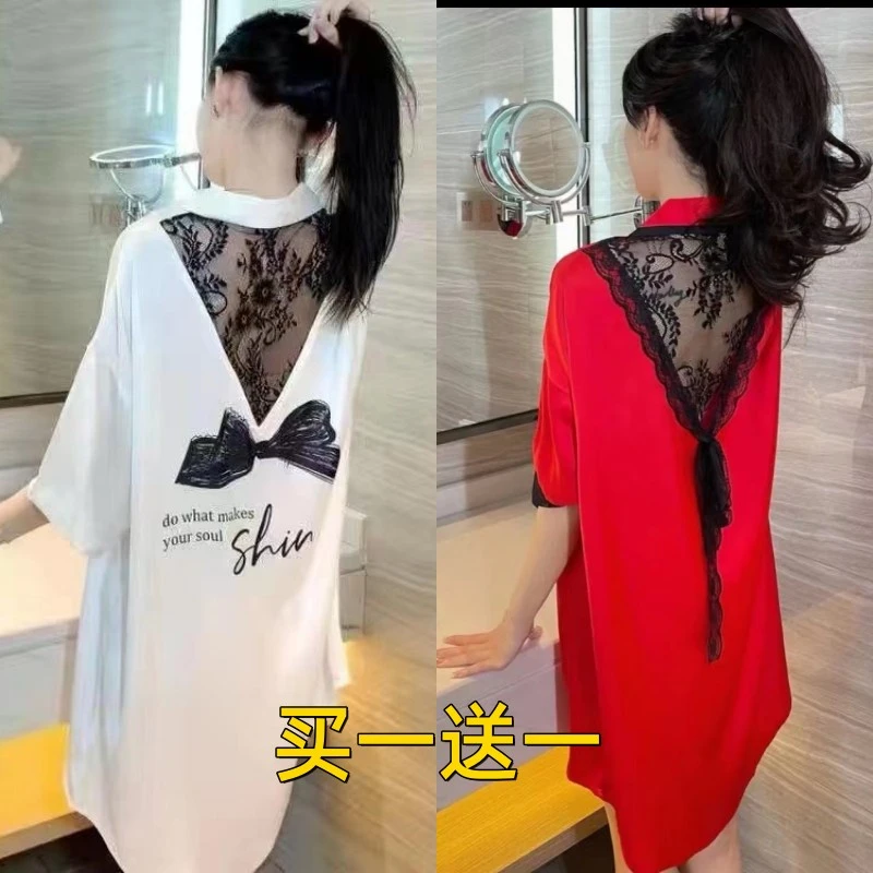 网红冰丝睡裙女夏季2024新款短袖高级感甜美加大码外穿衬衫睡衣裙