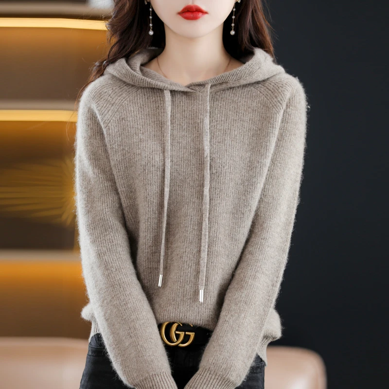 秋冬新款连帽100%纯羊毛衫女宽松带帽套头针织打底帽衫卫衣毛衣