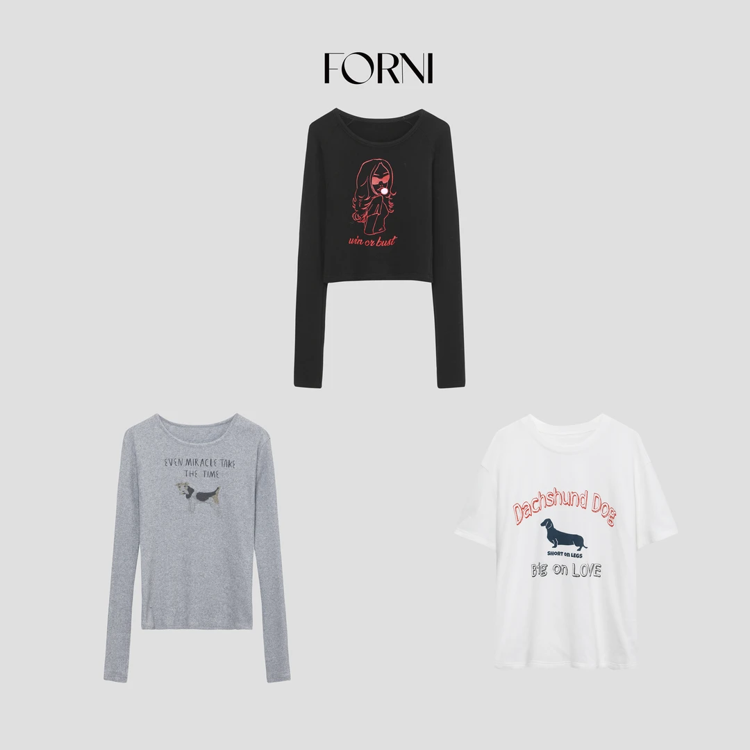 FORNI 巴赫乐章小狗字母T恤&黑色打底t恤&灰色小狗印花针织衫宽松