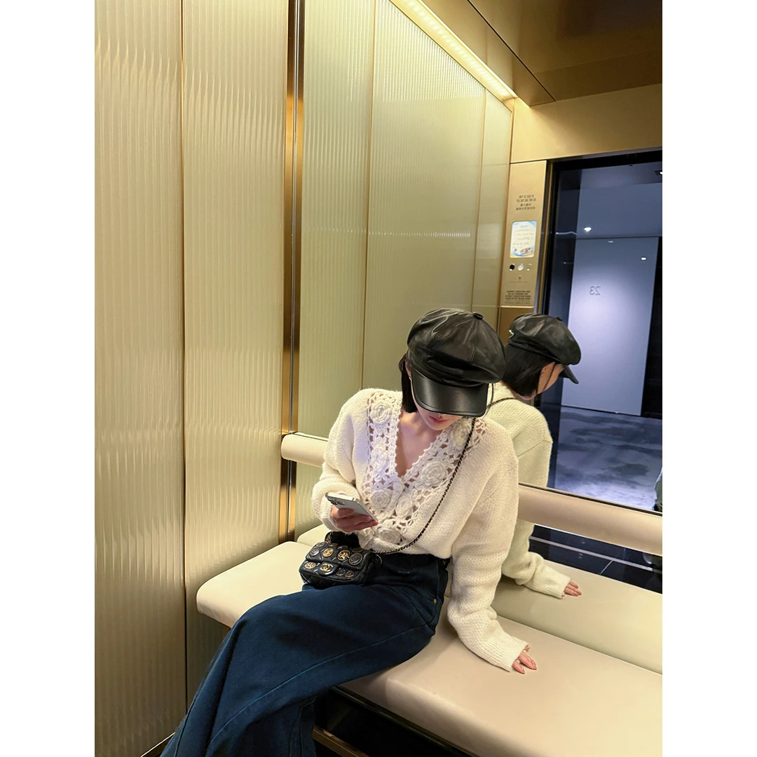 FORNI 手工钩花 马海毛绵羊毛镂空毛衣气质长袖时尚设计感