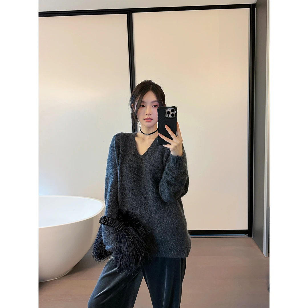 FORNI  老钱lp奢感颗粒毛衣V领宽松毛衣纯色毛衣