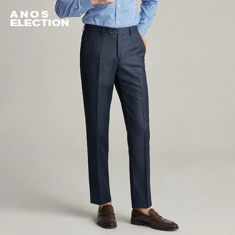 ANOS藏青色西裤男商务职业免烫西装裤修身肌理纹垂感直筒通勤裤子