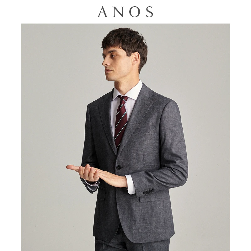 ANOS秋冬休闲灰色西服套装男商务修身正装平驳领单排扣英伦风西装