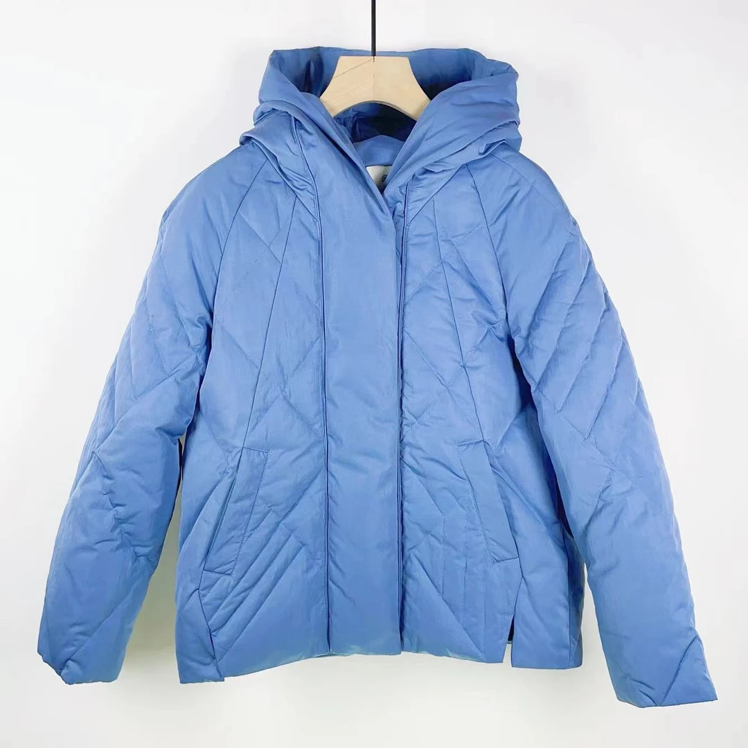 泛喜秋冬女装外套羽绒服新款纯色时尚连帽保暖短款蓝色0109441