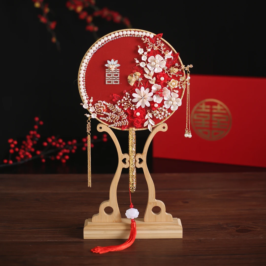 新娘结婚团扇秀禾明制新古典古风双面红色手工成品diy材料包喜扇