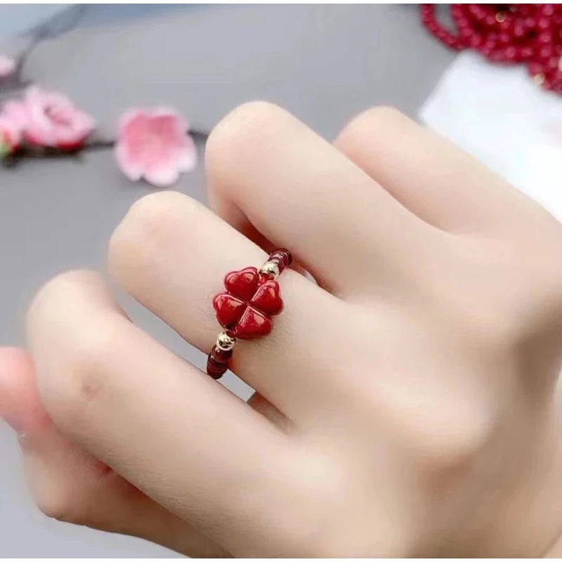 含辰砂工艺品（朱砂）戒指 玫瑰花和四叶草时尚潮流休闲百搭戒指