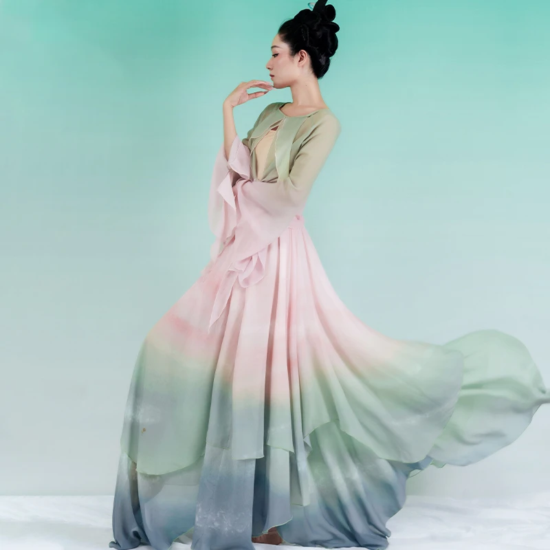 古典舞裙灼灼荷花瑞舞蹈服粉绿渐变色飘逸长裙古典舞服装