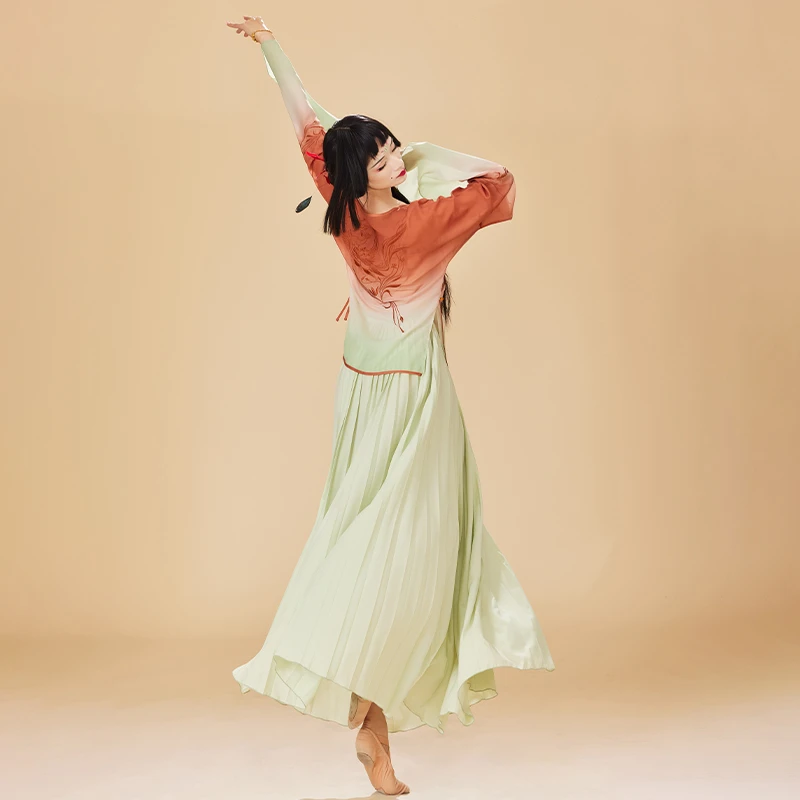 诗意花朵古典舞服朱光翠羽凤鸟纹刺绣纱衣百褶裙新中式国风百褶裙