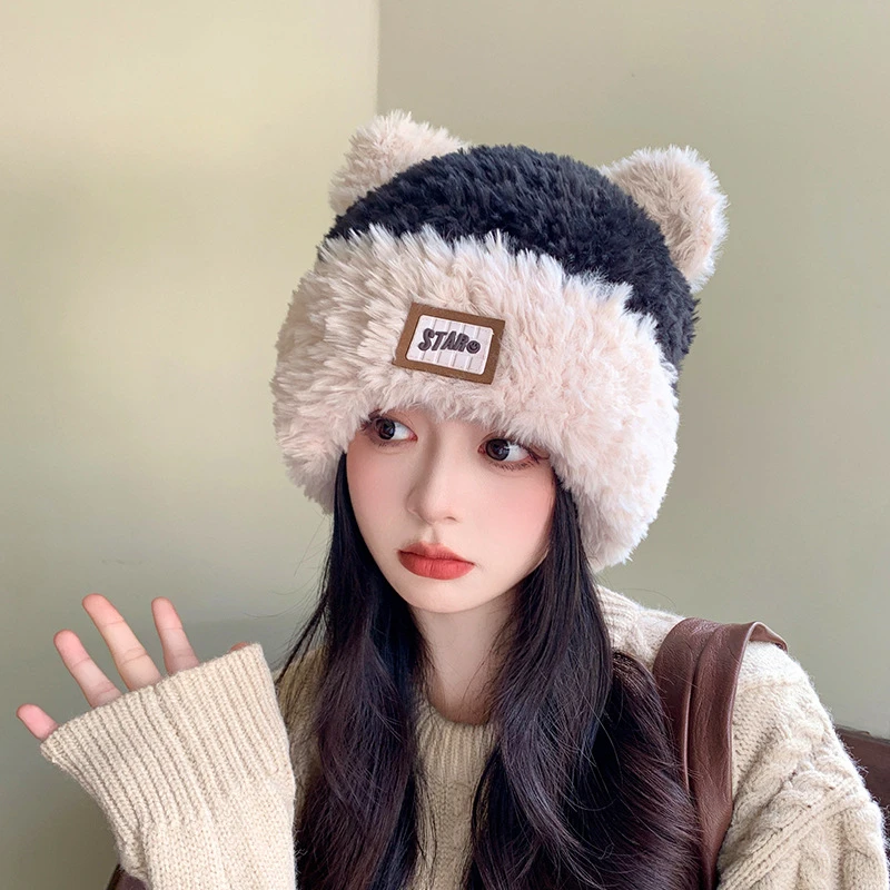 秋冬保暖小熊帽子女新款贴布字母毛绒针织帽加厚防寒毛绒帽护耳帽