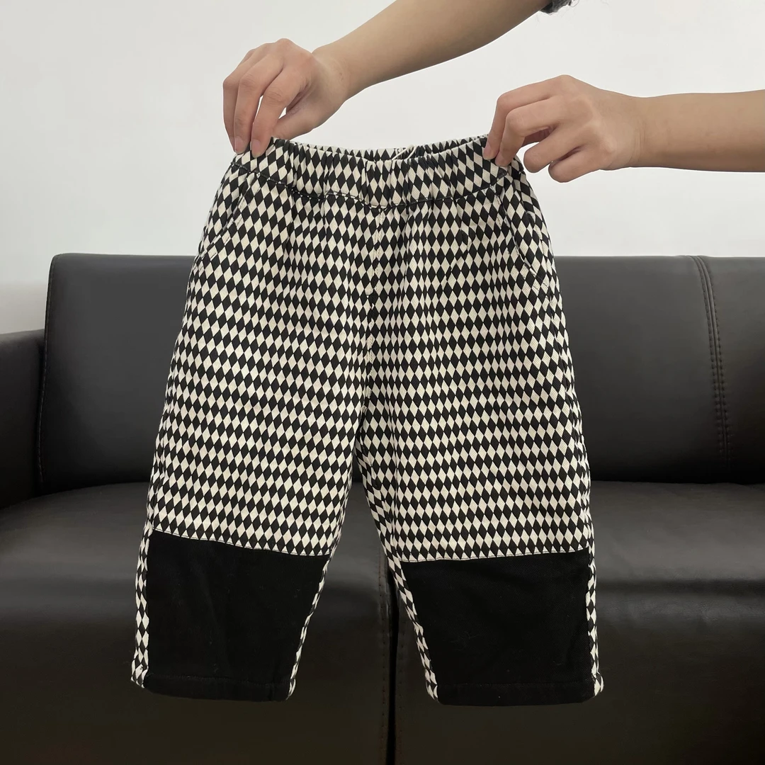 黑白菱格拼色加绒长裤秋冬