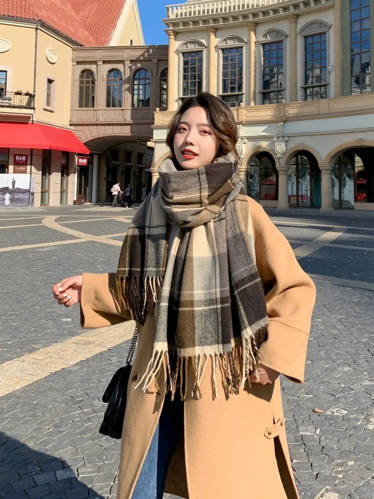 2023新款美拉德围巾女秋冬季韩版百搭高级格子披肩情侣围脖男保暖