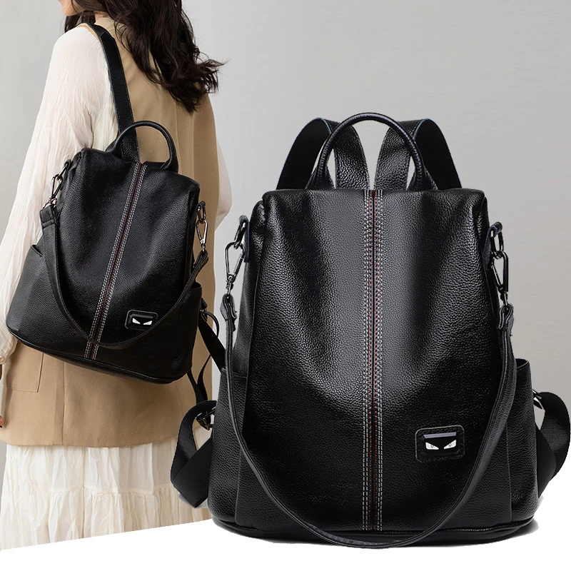 新款防盗网红双肩背包时尚双肩包女荔枝纹软皮潮流书包多用旅行包