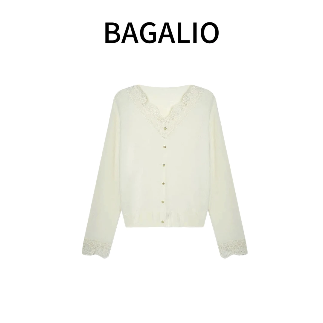 【BAGALIO】羊毛V领镂空蕾丝拼接毛衫 292