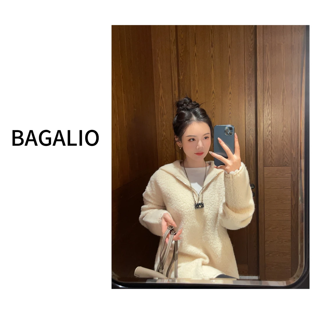 【BAGALIO】半拉链纯色简约百搭宽松连帽羊毛衫 193