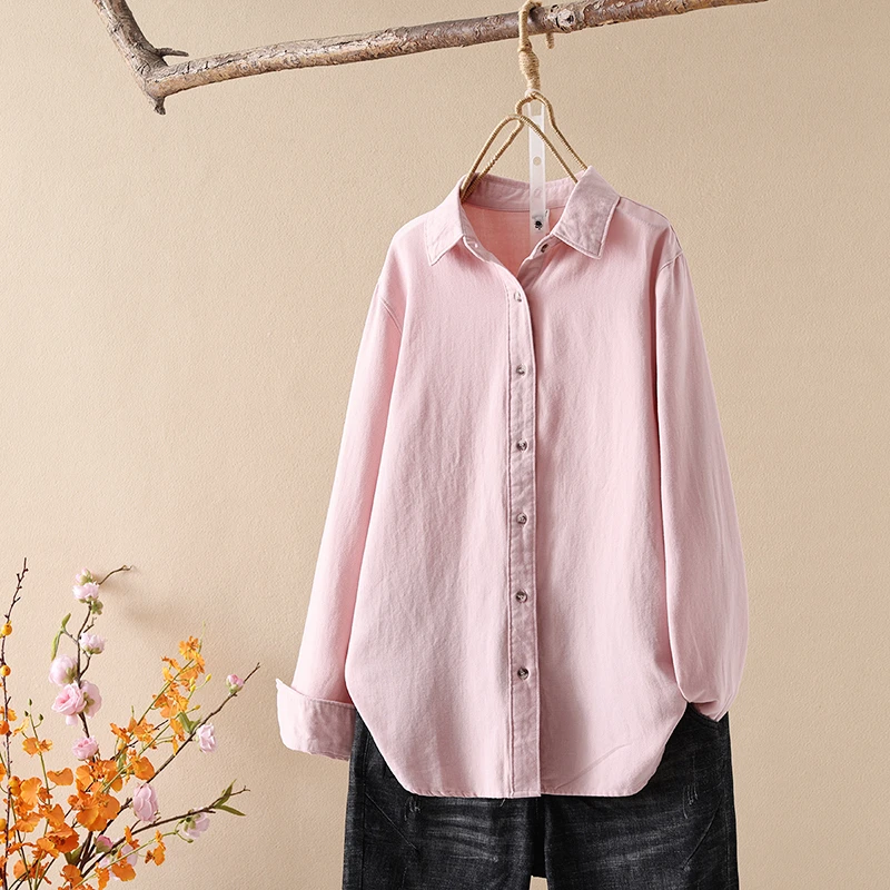 双面磨毛秋冬纯棉复古长袖衬衫女生宽松休闲叠穿简约纯色上衣