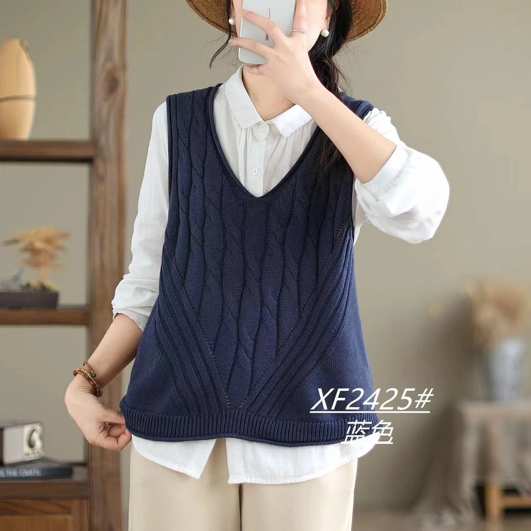 秋季文艺V领针织背心马甲女宽松休闲不起球棉线无袖马夹坎肩外穿
