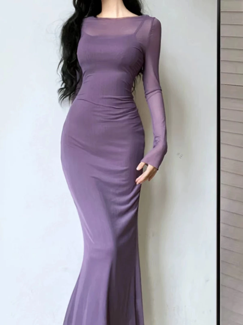 性感吊带连衣裙女夏季御姐风长袖网纱罩裙包臀鱼尾长裙叠穿两件套